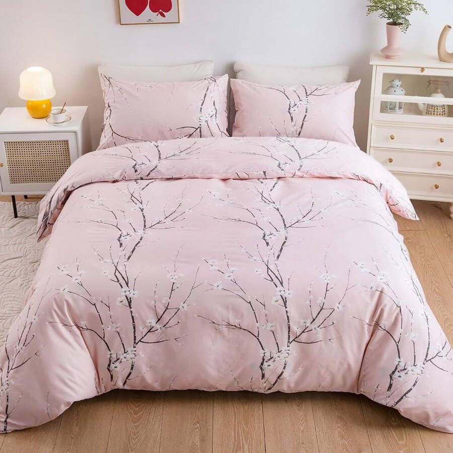 Beddengoed takkenpatroon 135 x 200 cm roze dekbedovertrek 2-delig zachte bloemen planten microvezel beddengoed sets ritssluiting en kussenslopen 80 x 80 cm voor eenpersoonsbed