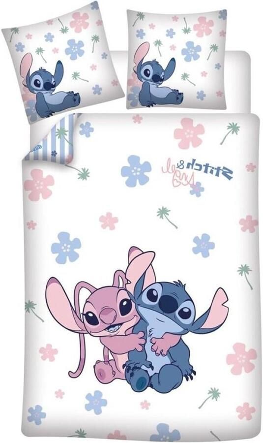 Beddengoed voor eenpersoonsbed dekbedovertrek 140 x 200 cm + kussensloop 65 x 65 cm polykatoen met Stitch & Angel design