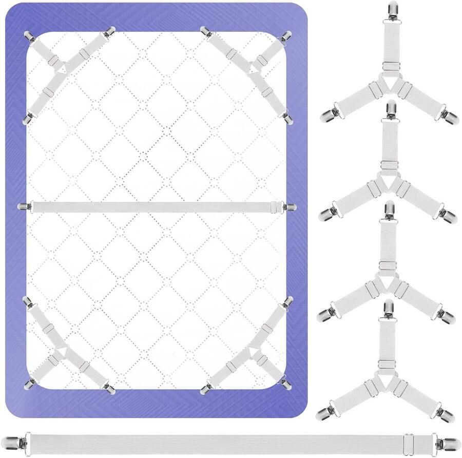 Beddengoedklemmen Set van 4+1 stuks Lakenspannerset Lakenhouder Bedlakenhouderriemen 3-weg hoeslakens Lakenspanner Strijkplankspanner Lakenriemen Verstelbare elastische lakenhouder Voor bed matrashoezen en bankkussens Wit