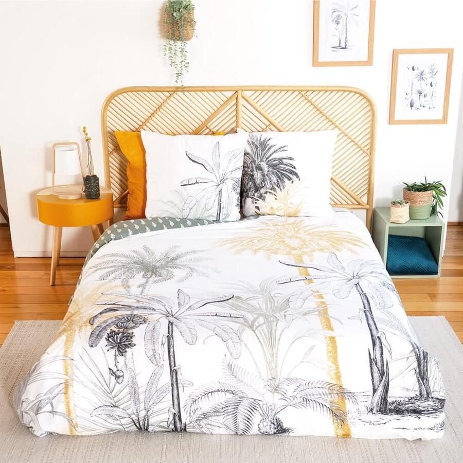 Beddengoedset 1 dekbedovertrek + 2 kussenslopen 63 x 63 cm set dekbedovertrek voor tweepersoonsbed groen en geel tropisch 100% zacht katoen (240 x 220 cm)