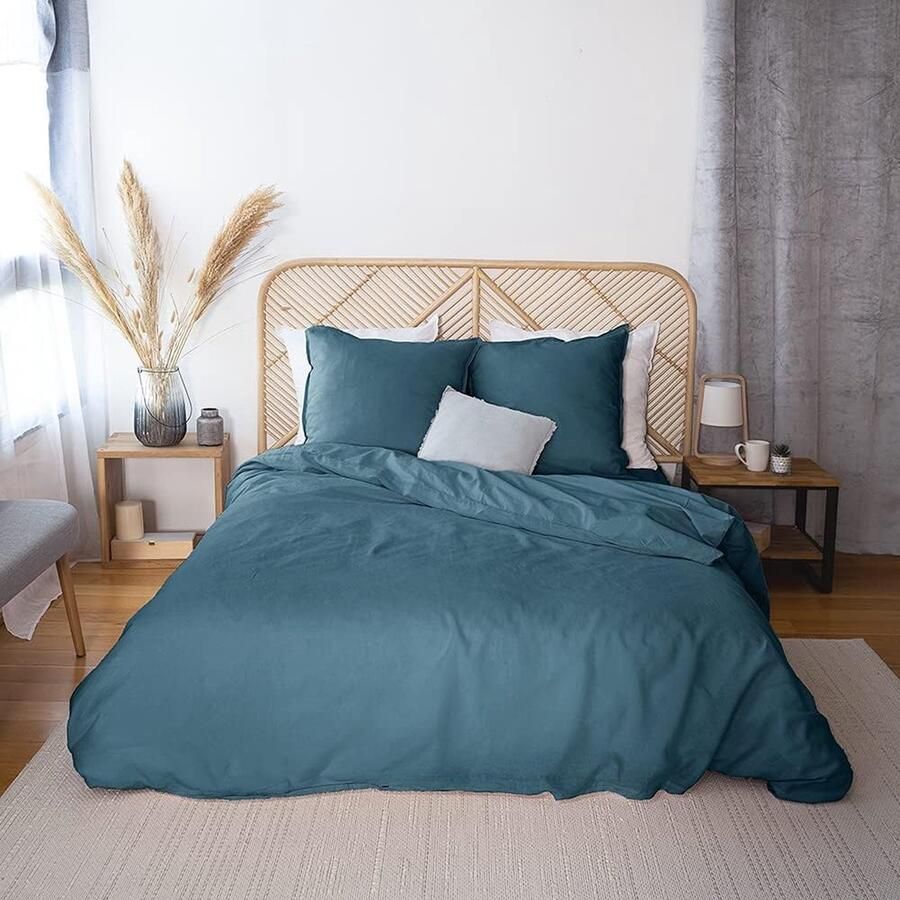 Beddengoedset met dekbedovertrek 220 x 240 cm + 2 kussenslopen 63 x 63 cm beddengoed voor tweepersoonsbed katoen linnen blauw