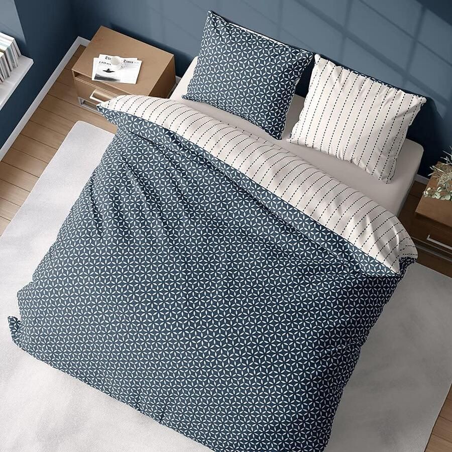 Beddengoedset met dekbedovertrek 220 x 240 cm + 2 kussenslopen 63 x 63 cm voor tweepersoonsbed geometrisch blauw en wit 100% katoen