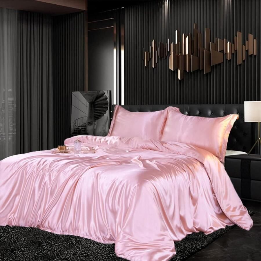 Beddengoedset satijn 220 x 240 cm 3-delig roze zijdeachtig gevoel glanzend zijde effen dekbedovertrek set glad luxe lichtroze beddengoedset zacht tweepersoonsbed met ritssluiting