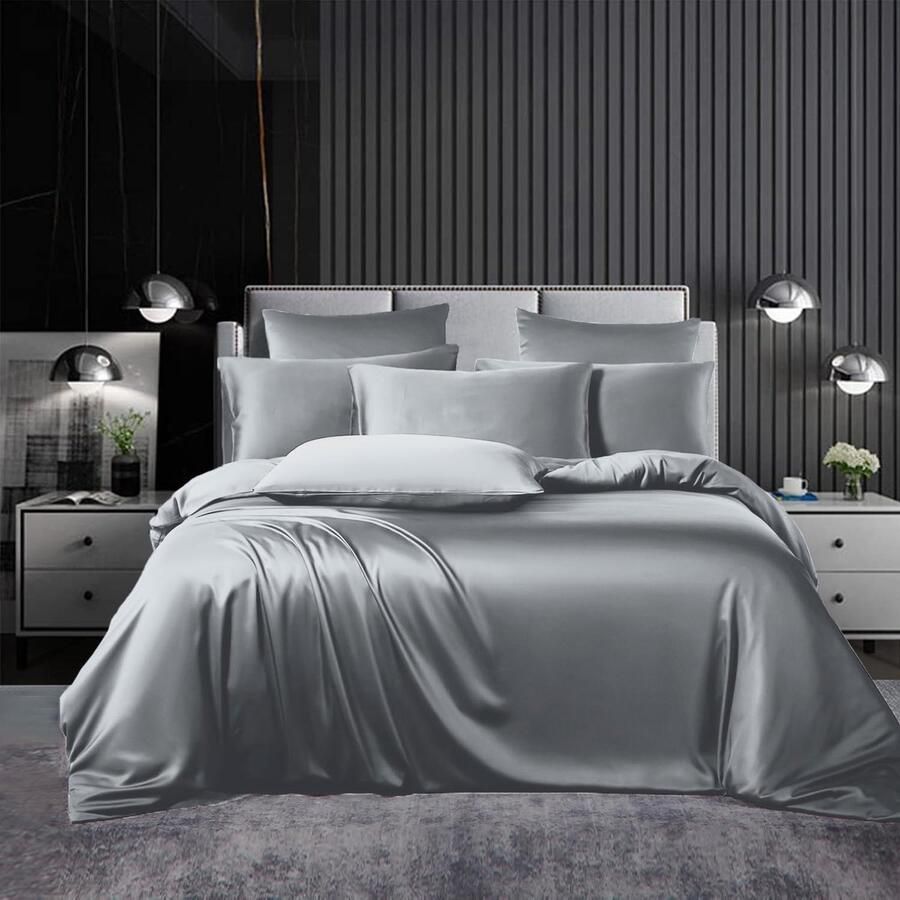 Beddengoedset satijn 155 x 220 cm 3-delig lichtgroen zijdeachtig glanzend zijde effen dekbedovertrek set glad luxe lichtgroen beddengoedset zacht tweepersoonsbed met ritssluiting