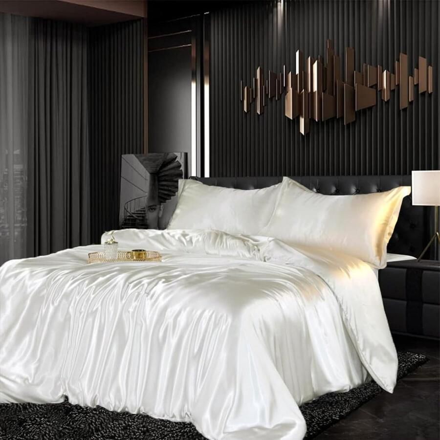 Beddengoedset satijn 155 x 220 cm 3-delig wit zijdeachtig gevoel glanzend zijde effen dekbedovertrek set glad luxe wit beddengoedset zacht tweepersoonsbed met ritssluiting