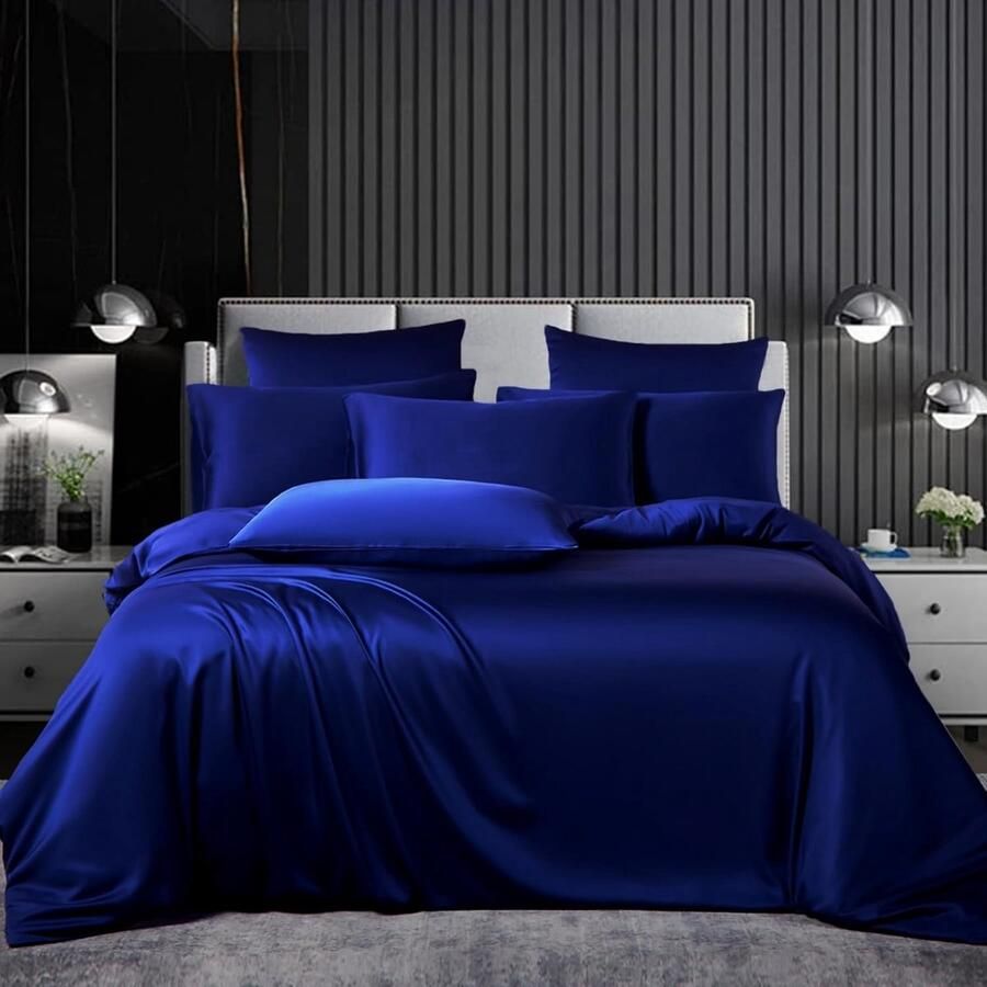 Beddengoedset satijn 220 x 240 cm 3-delig blauw zijdeachtig gevoel glanzend zijde effen dekbedovertrek set glad luxe marineblauw beddengoedset zacht tweepersoonsbed met ritssluiting en Klik om de volledige weergave te zien Bed