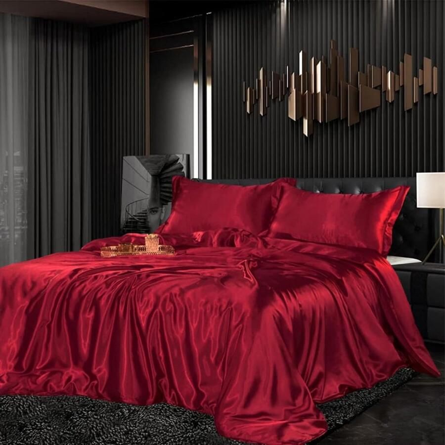 Beddengoedset satijn 200 x 220 cm 3-delig rood zijdeachtig gevoel glanzend zijde effen dekbedovertrek set glad luxe wijnrood beddengoedset zacht tweepersoonsbed met ritssluiting