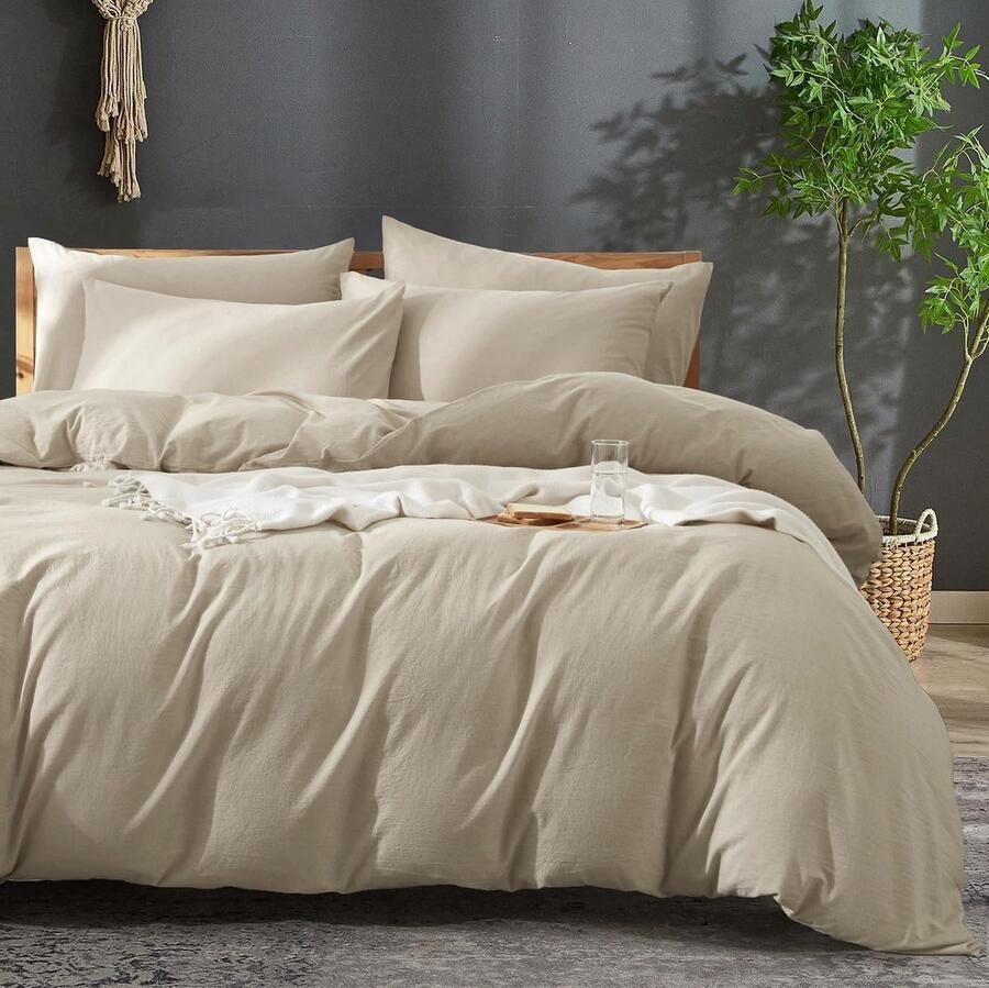 Beddengoedset van Katoen en Linnen in Effen Beige en Khaki voor Eenpersoonsbed