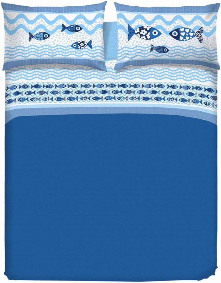 Beddengoedset voor echtbed 100% katoen beddengoed voor tweepersoonsbed 180 x 200 cm inclusief onderlaken bovenlaken en 2 kussenslopen blauw Sea Life-patroon