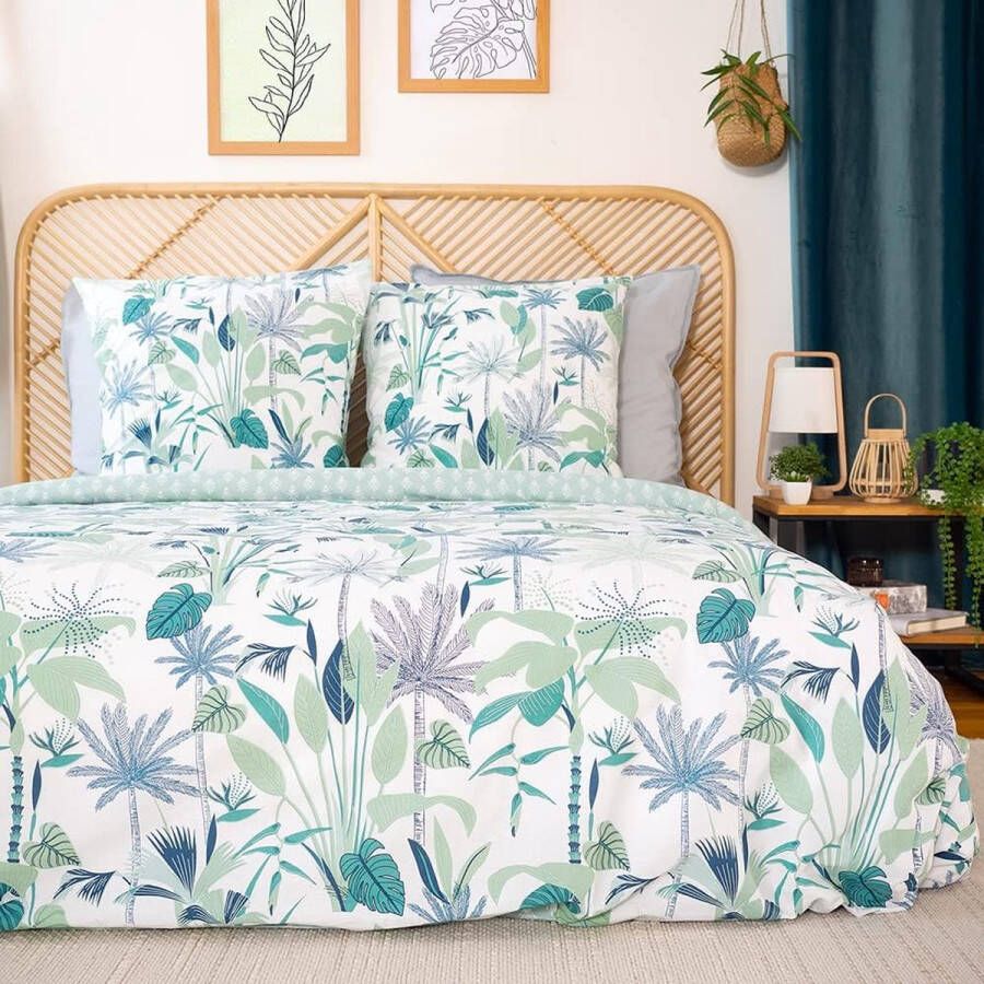 Beddengoedset voor tweepersoonsbed dekbedovertrek 220 x 240 cm 2 kussenslopen 63 x 63 cm motief tropische bladeren 100% katoen zacht (240 x 220 cm)