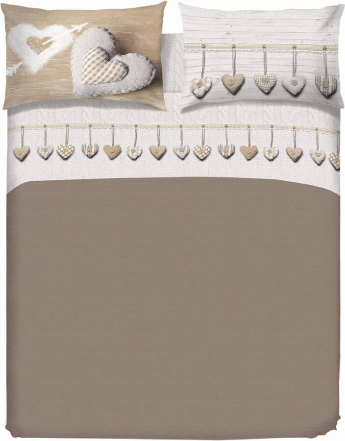 Beddengoedset voor tweepersoonsbed van 100% katoen beddengoed voor tweepersoonsbed 180x200 inclusief onderlaken bovenlaken en 2 kussenslopen Made in Italy beige hangend hartmotief