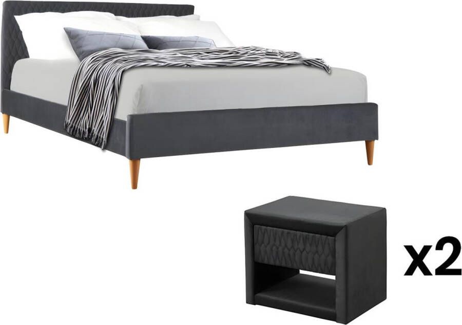 Vente-unique Bed 140 x 190 cm met hoofdbord met stiksels Velours Grijs + matras DANIELE L 196.5 cm x H 132 cm x D 146 cm - Foto 3