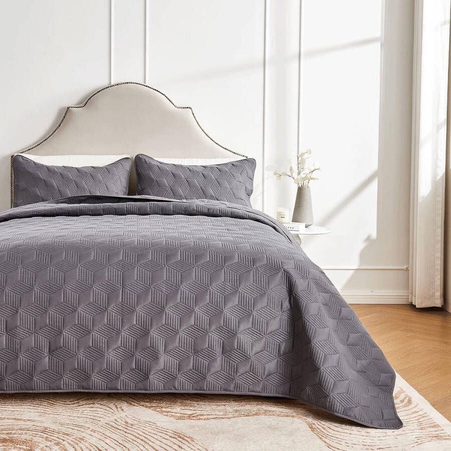 Beddensprei Bed Throw 240 x 260 cm Grijs Beddenspreien Gemaakt van Microvezel Quilt Sprei Bed Throw Deken Lichtgewicht Ultrasoon Gestikt met 2 Kussenslopen Diamantpatroon