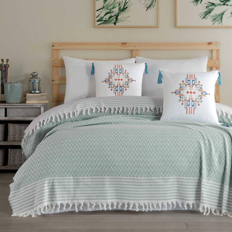 Beddensprei Knuffeldeken 200 cm x 235 cm Zomerdeken Katoen Bankdeken Sierkussen voor de bank Sierkussen voor het bed Omkeerbare deken Groen