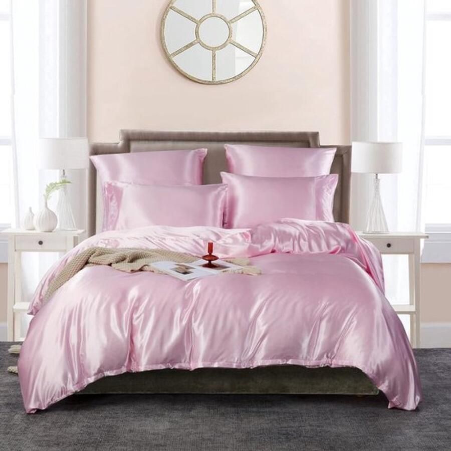 Bedding pink 135 x 200 cm 2-piece set satin silk shiny smooth bedding set luxury shiny satin pink light pink single bed with zipper