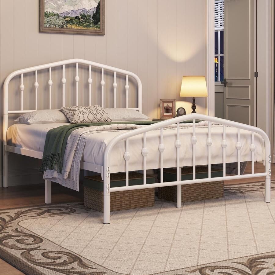 Bedframe 140 x 200 cm vintage metalen bed met kroonvormig hoofdeinde stabiel bedframe tweepersoonsbed van metaal robuust en eenvoudige montage logeerbed jeugdbed dagbed wit