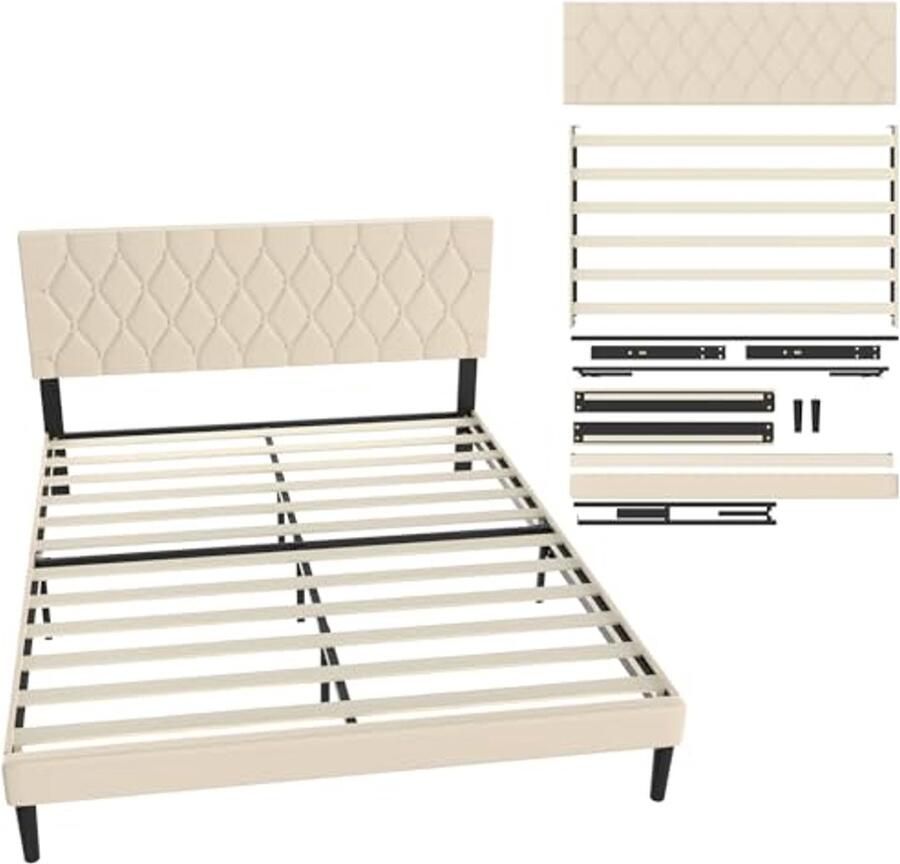 Bedframe 160 x 200 cm met Ongedekte Hoofdeinde en Houten Lattenbodem Moderne Beige Doppelbed voor Volwassenen