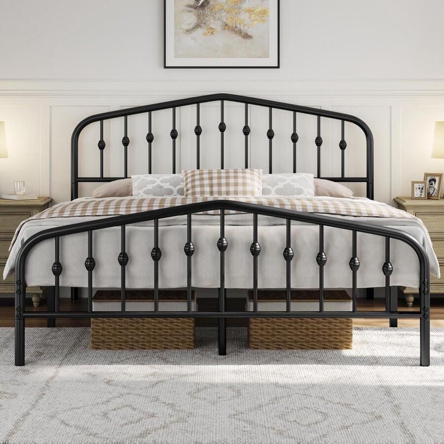 Bedframe 160 x 200 cm vintage metalen bed met kroonvormig hoofdeinde stabiel bedframe eenpersoonsbed van metaal robuust en eenvoudige montage logeerbed jeugdbed dagbed zwart
