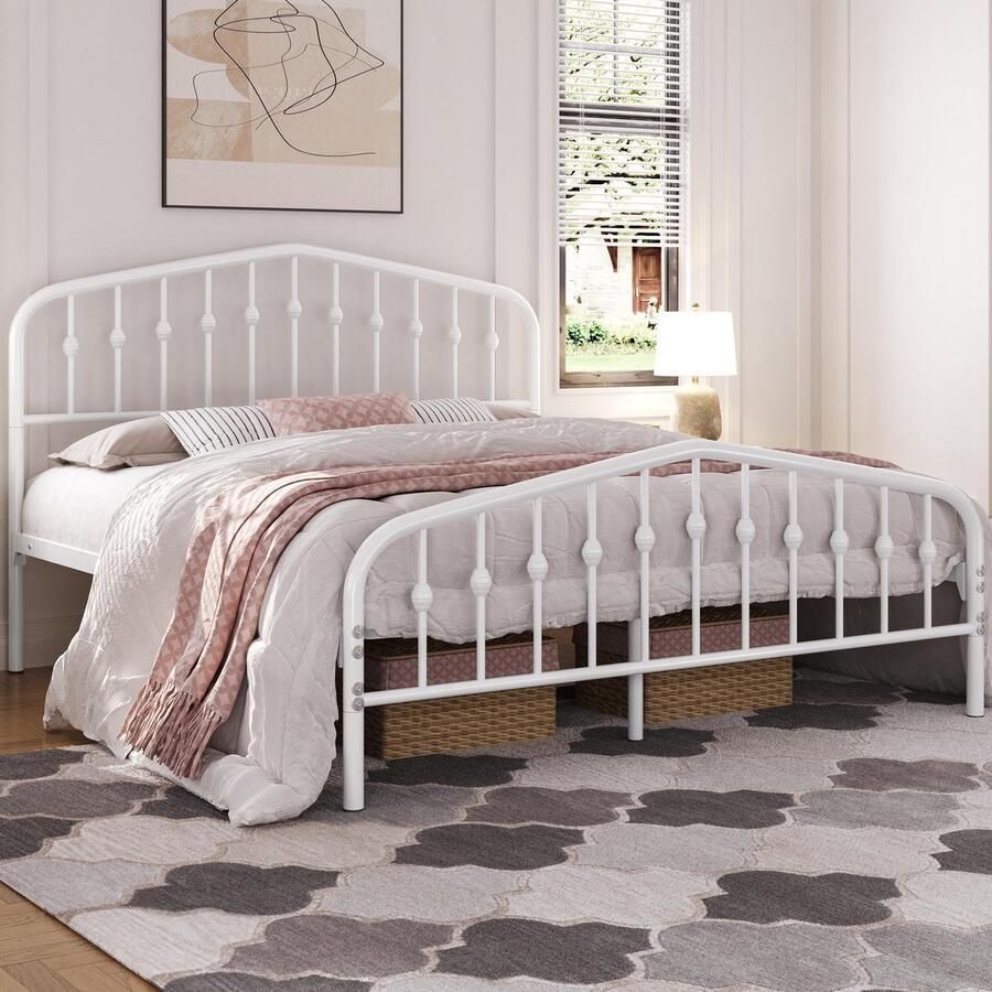 Bedframe 160 x 200 cm vintage metalen bed met kroonvormig hoofdeinde stabiel bedframe tweepersoonsbed van metaal robuust en eenvoudige montage logeerbed jeugdbed dagbed wit
