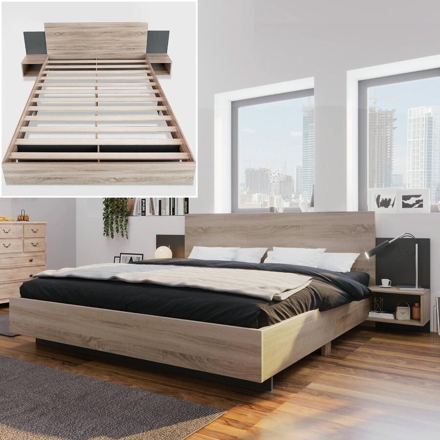 Bedframe 160x200 cm met lattenbodem tweepersoonsbed houten bed met hoofdbord en 2 nachtkastjes donkergrijs(Matras niet inbegrepen)