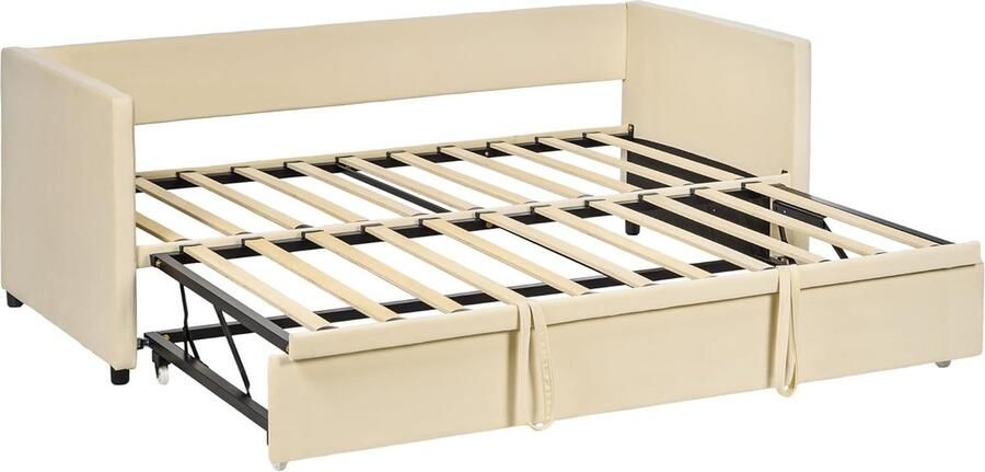 Bedframe 2-in-1 slaapbank 2-zitsbank en tweepersoonsbed twee matrassen compatibel met 90 x 190 cm houten lattenbodem gevoerd hoofdeinde van linnen crèmewit