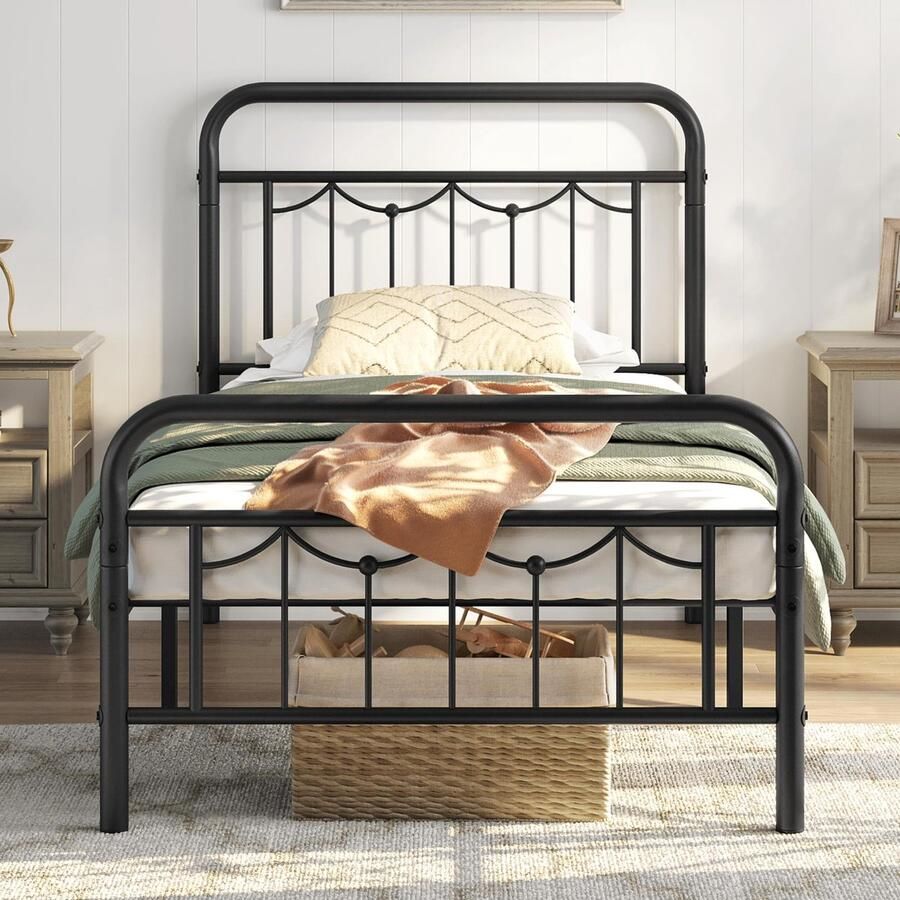 Bedframe 90 x 190 cm eenpersoonsbed van metaal bedframe in vintage-stijl retro elegant metalen bed met lattenbodem en hoog hoofdeinde eenvoudige montage logeerbed jeugdbed zwart