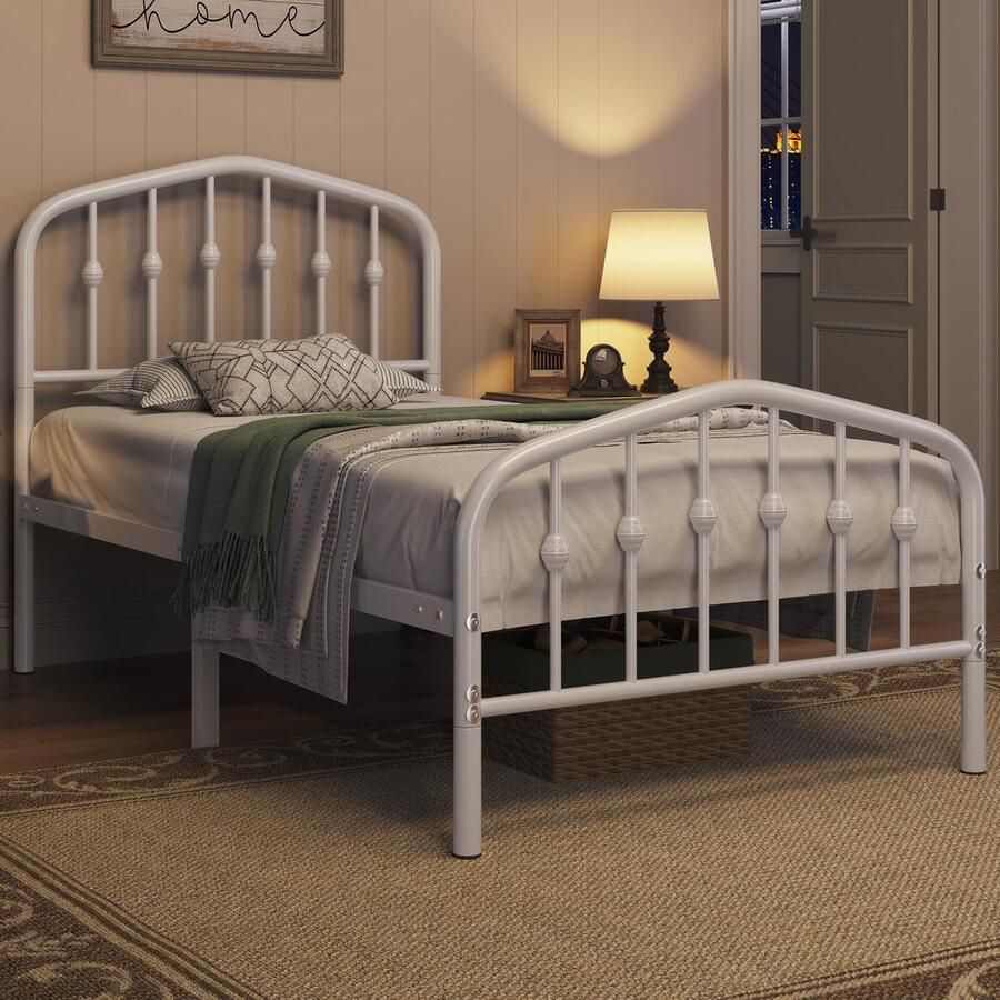 Bedframe 90 x 200 cm vintage metalen bed met kroonvormig hoofdeinde stabiel bedframe eenpersoonsbed van metaal robuust en eenvoudige montage logeerbed tienerbed dagbed wit