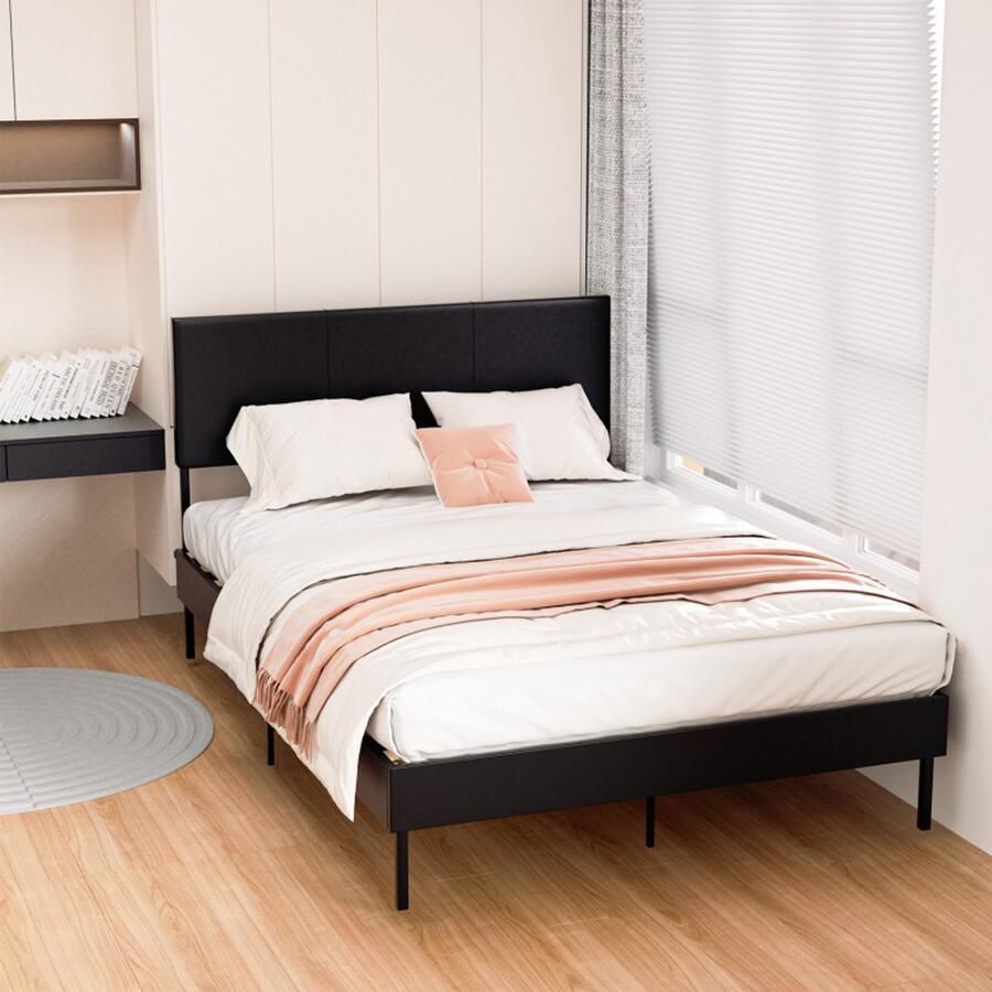 Bedframe Bed Tweepersoonsbed 120x200 cm Met Hoofdbord Massief Houten Lattenbodem Draagvermogen 350 kg zwart