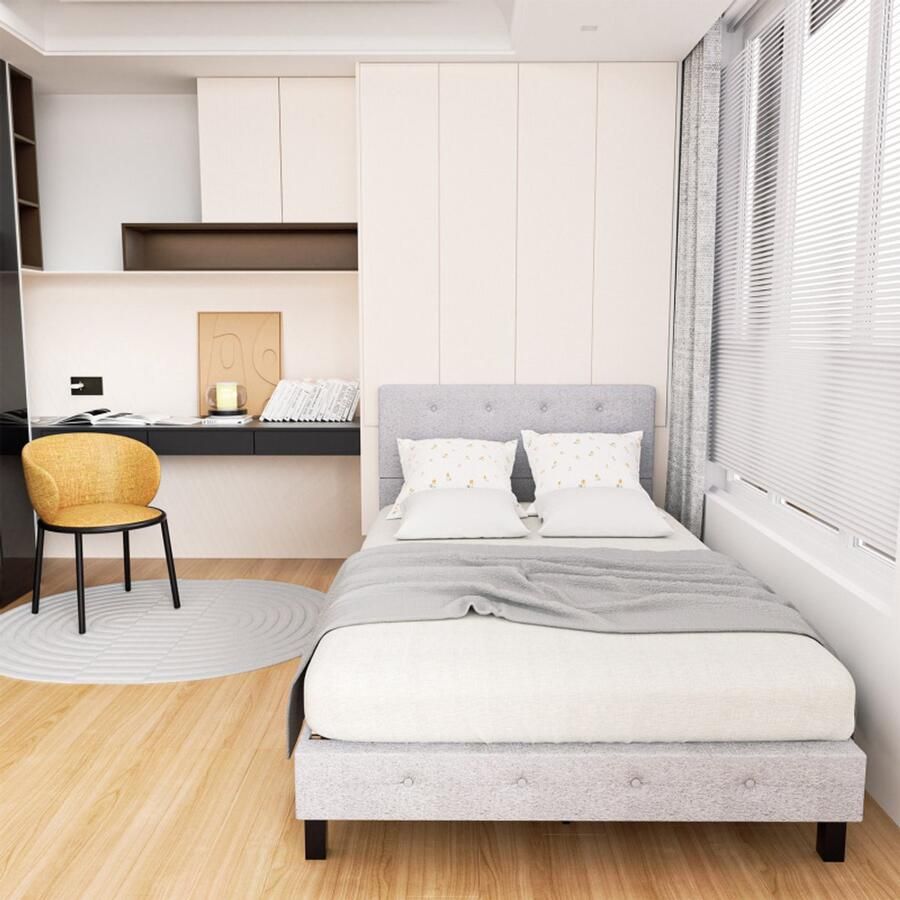 Bedframe Bed Tweepersoonsbed 120x200 cm Met Hoofdbord Massief Houten Lattenbodem Draagvermogen 350 kg Grijs