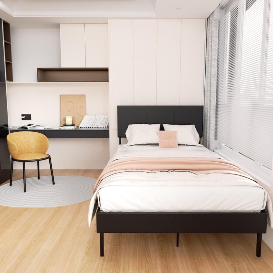 Bedframe Bed Tweepersoonsbed 140x200 cm Met Hoofdbord Massief Houten Lattenbodem Draagvermogen 350 kg zwart