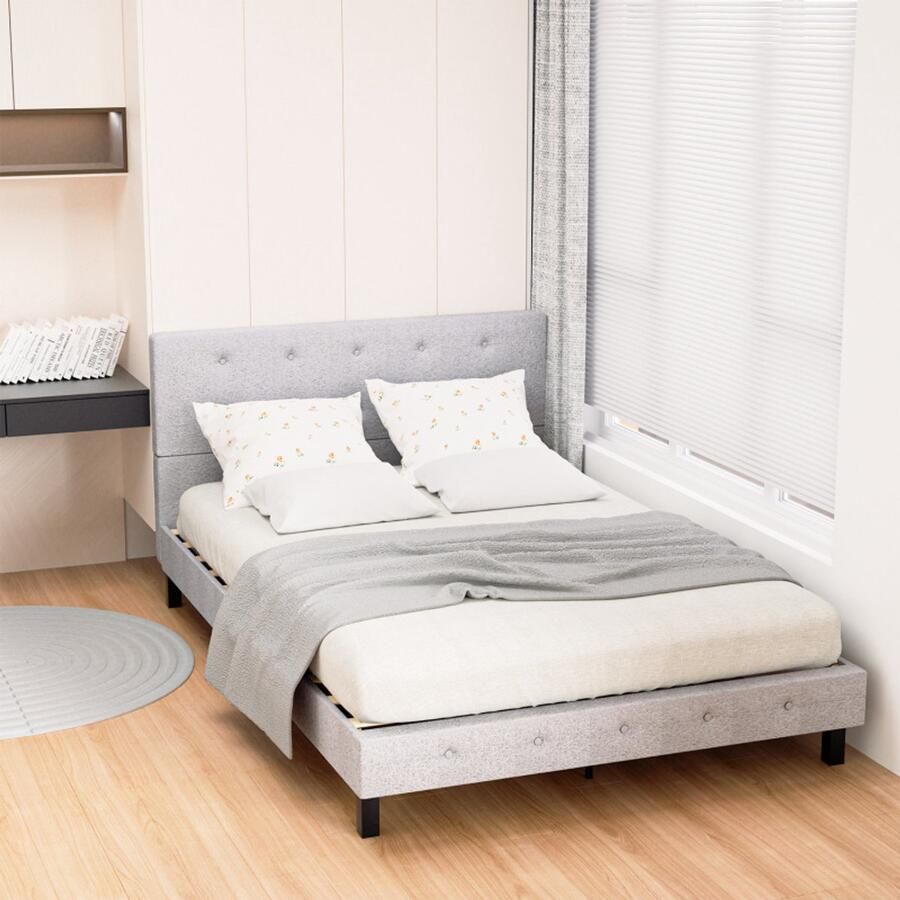 Bedframe Bed Tweepersoonsbed 140x200 cm Met Hoofdbord Massief Houten Lattenbodem Draagvermogen 350 kg Grijs