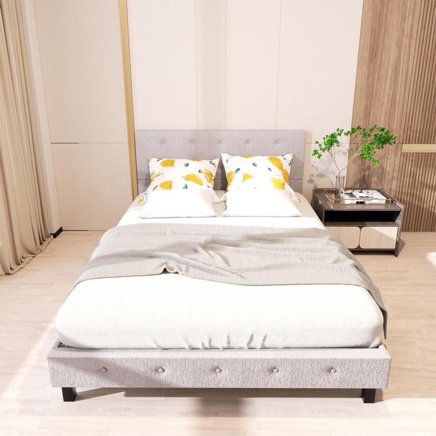 Bedframe Bed volwassen jeugdbed Tweepersoonsbed 120x200 cm Met Hoofdbord Massief Houten Lattenbodem Draagvermogen 350 kg Grijs