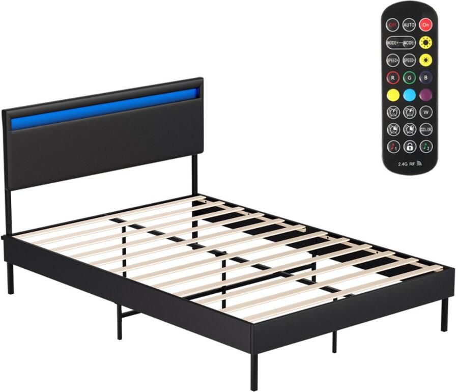 Bedframe Bed volwassen jeugdbed Tweepersoonsbed 120x200 cm Met Hoofdbord Massief Houten Lattenbodem Draagvermogen 350 kg zwart with led