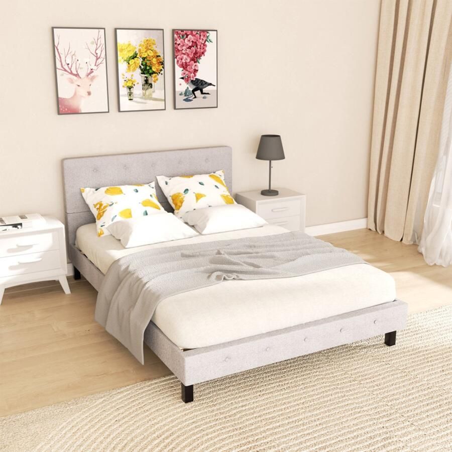 Bedframe Bed volwassen jeugdbed Tweepersoonsbed 140x200 cm Met Hoofdbord Massief Houten Lattenbodem Draagvermogen 350 kg Grijs