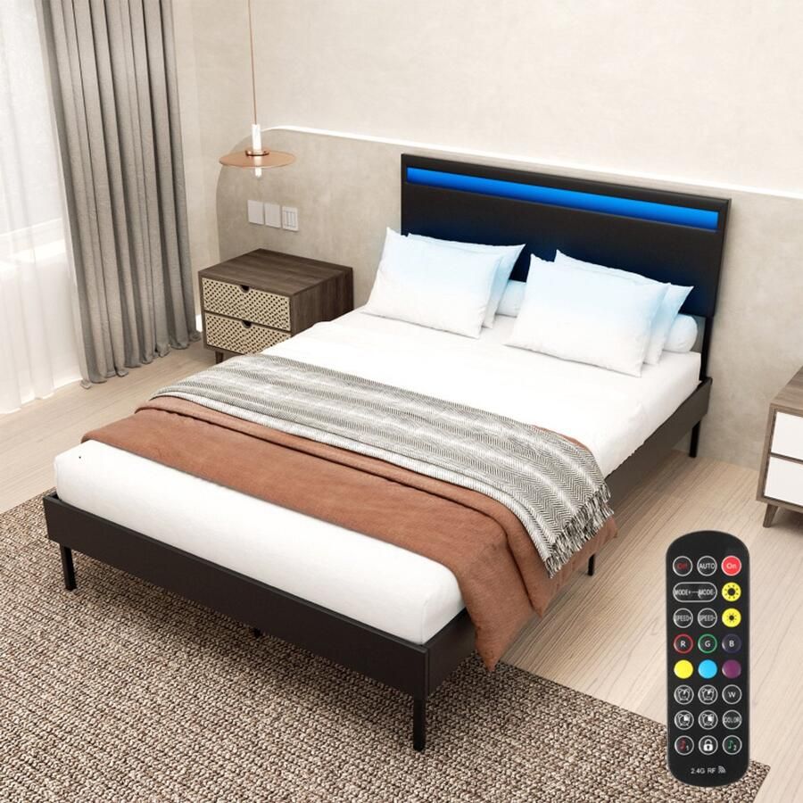 Bedframe Bed volwassen jeugdbed Tweepersoonsbed 140x200 cm Met Hoofdbord Massief Houten Lattenbodem Draagvermogen 350 kg zwart with led