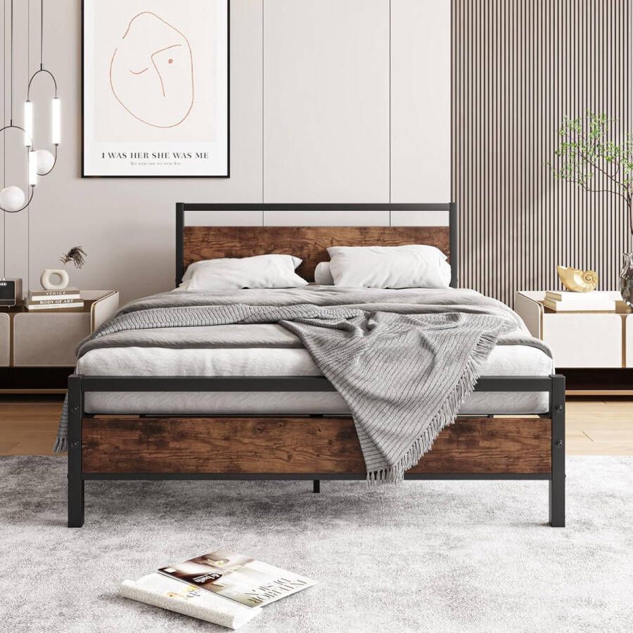 Bedframe hout metalen bed bedframe van metaal met lattenbodem 120x200 tweepersoonsbed 120 x 200 cm vintage bruin + zwart