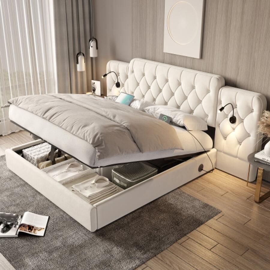 Bedframe met een lang hoofdeinde modieus fluwelen materiaal Europese bedframe -stijl verschillende USB -verbindingen bureaulamp hydraulisch systeem extra grote opslagruimte hieronder 160 x 200 cm beige