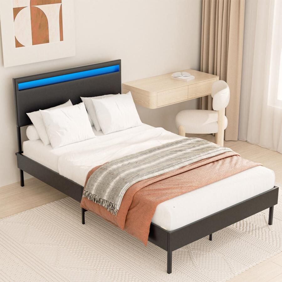Bedframe met-hoofdeinde Lattenbodem 12 latten Home Collectie Bedframe 120*200CM zwart Leer met LED
