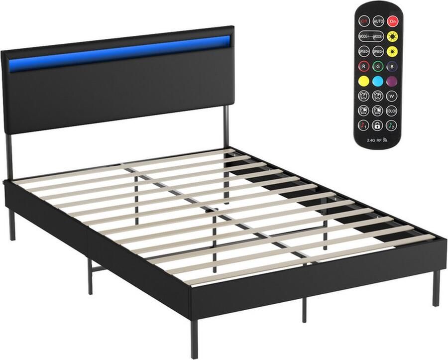 Bedframe met-hoofdeinde Lattenbodem 12 latten Home Collectie Bedframe 140*200CM zwart Leer met LED