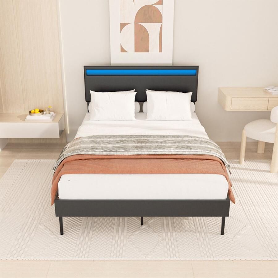 Bedframe met-hoofdeinde Lattenbodem 12 latten Home Collectie Bedframe 140*200CM zwart Leer met LED