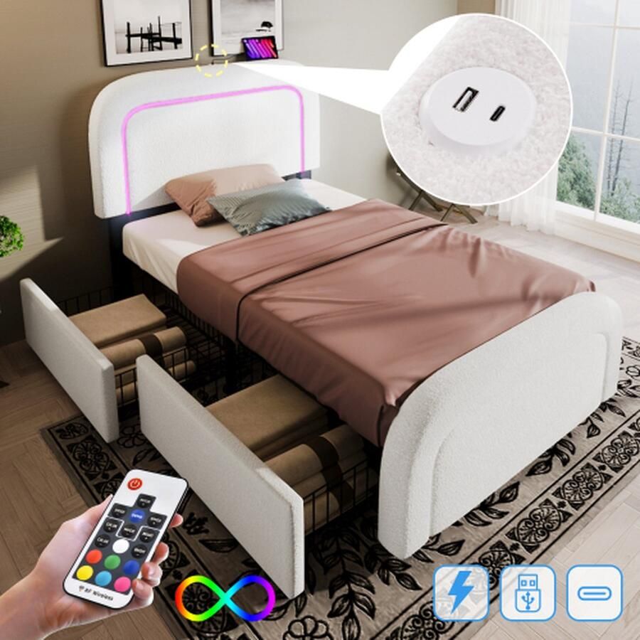 Bedframe met USB Type C oplaadfunctie LED-verlichting en 2 lades eenpersoonsbed gestoffeerd bed 90x200cm in hoogte verstelbaar hoofdbord houten lattenbodem Sherp wit (zonder matras)