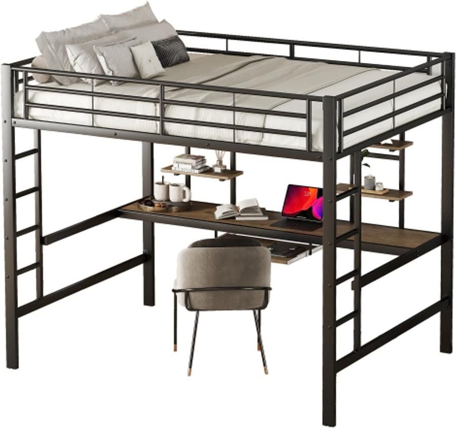 Bedframe metalen bed ijzeren bed hoogslaper met bureau en twee boekenplanken voor kinderen tieners en volwassenen 140x200cm zwart
