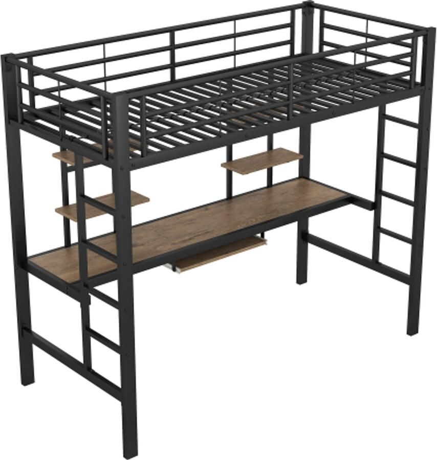 Bedframe metalen bed ijzeren bed hoogslaper met bureau en twee boekenplanken voor kinderen tieners en volwassenen 90x200cm zwart