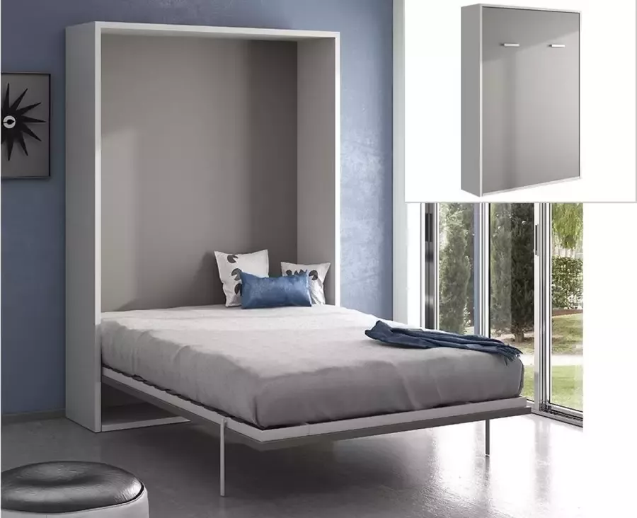 Opklapbed handmatige verticale opening 140x200cm Wit Grijs MALINA L 155 cm x H 209 cm x D 40 cm