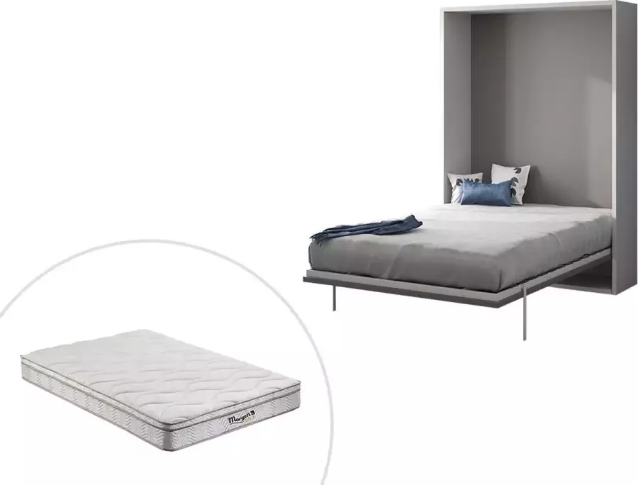 Opklapbed MALINA Verticale opening 140 x 200 cm Wit en grijs + matras L 155 cm x H 209 cm x D 40 cm