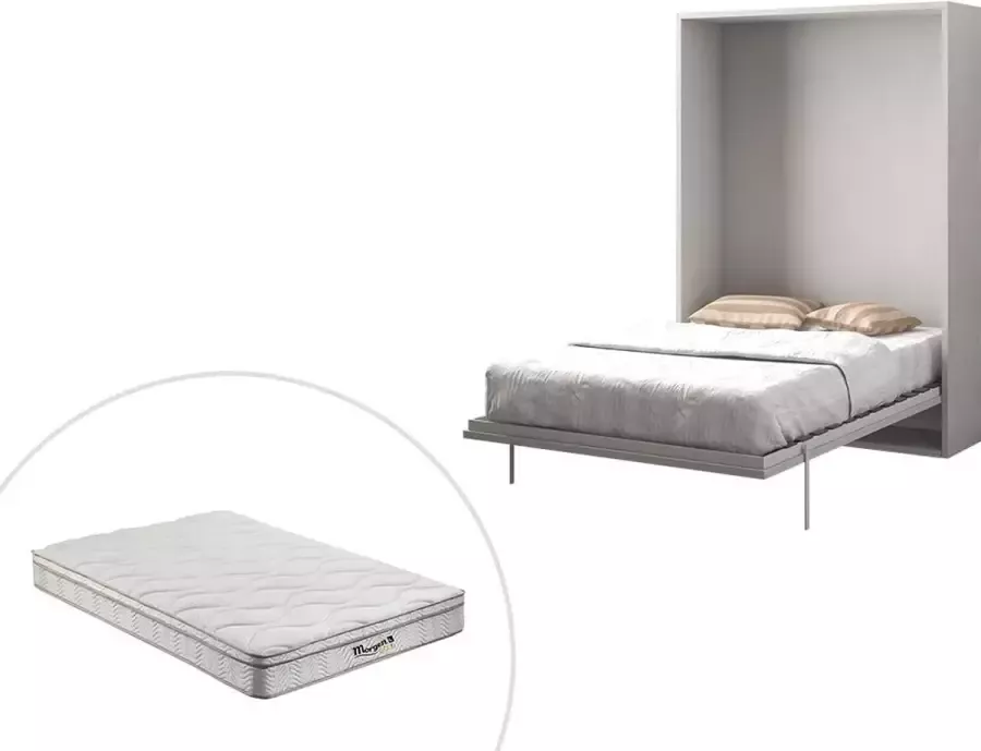 Opklapbed MALINA Verticale opening 140 x 200 cm Wit + matras L 155 cm x H 209 cm x D 40 cm