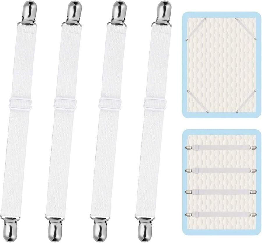 Venkuber Bedlakenhouders 4 stuks – Wit – Verstelbare hoeslakenclips 35–150 cm Sterke elastische lakenbanden met metalen klemmen Bedspanner voor matrashoezen tafelkleden strijkplankhoezen sofa covers