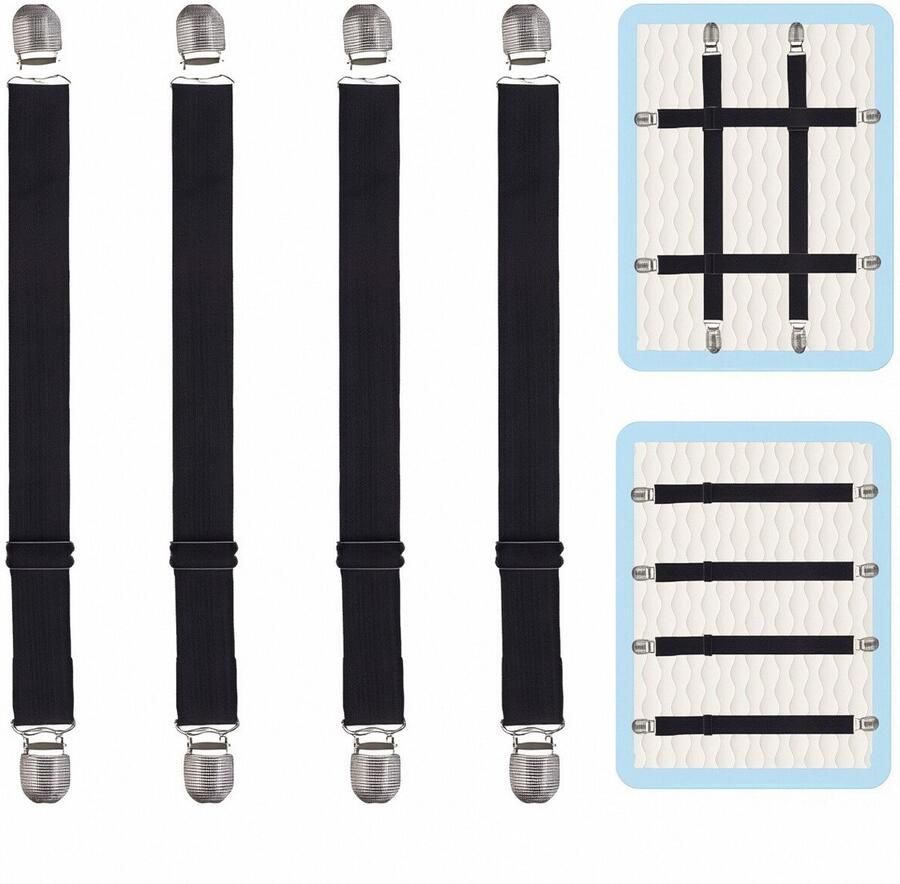 Venkuber Bedlakenhouders 4 stuks – Zwart – Verstelbare hoeslakenclips 35–150 cm Sterke elastische lakenbanden met metalen klemmen Bedspanner voor matrashoezen tafelkleden strijkplankhoezen sofa covers