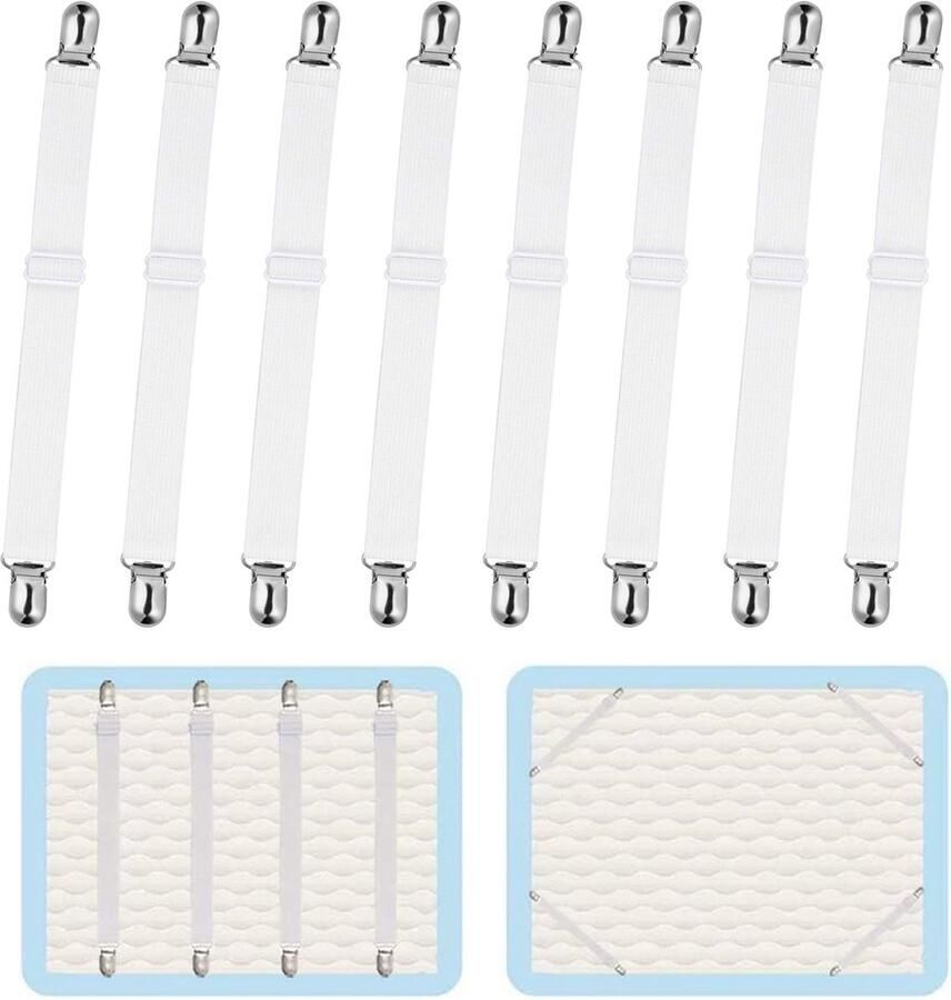 Bedlakenhouders 8 stuks – Wit – Verstelbare hoeslakenclips 35–150 cm Sterke elastische lakenbanden met metalen klemmen Bedspanner voor matrashoezen tafelkleden strijkplankhoezen sofa covers