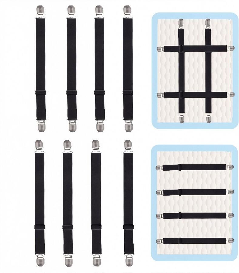 Bedlakenhouders 8 stuks – Zwart – Verstelbare hoeslakenclips 35–150 cm Sterke elastische lakenbanden met metalen klemmen Bedspanner voor matrashoezen tafelkleden strijkplankhoezen sofa covers